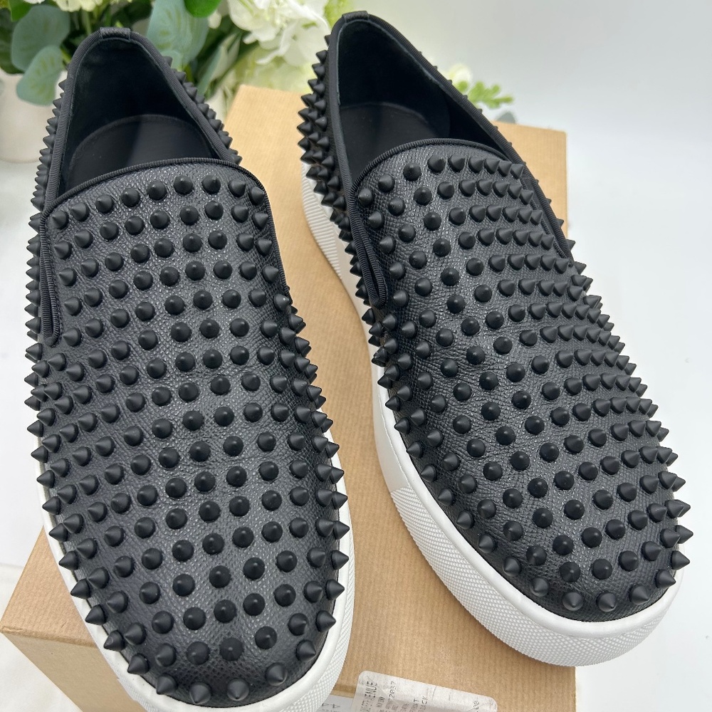 Men’s Christian Louboutin roller boat, black spike slip on sneakers size 44